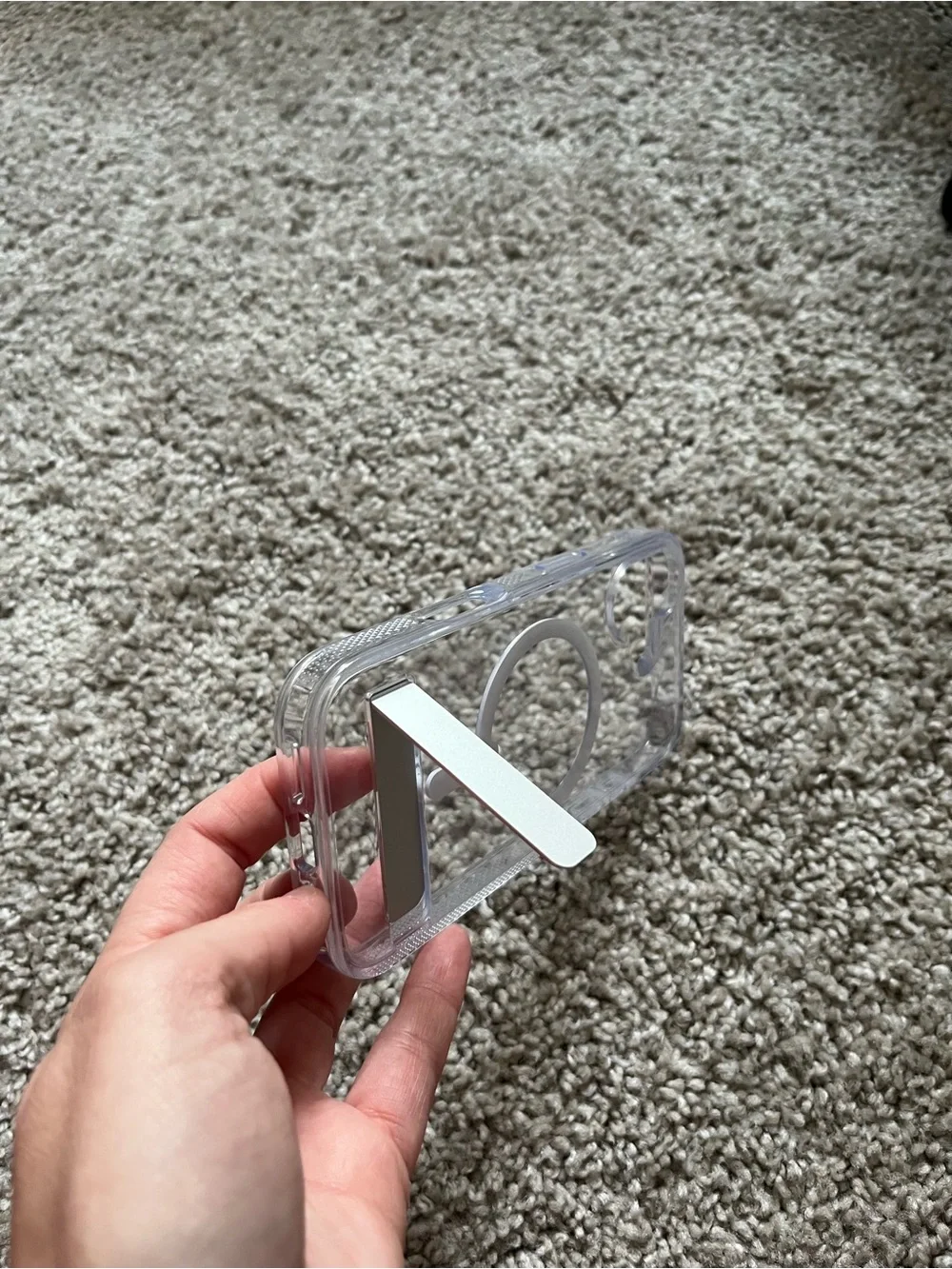 Clear MagSafe-Compatible Phone Case with White Ring and Silver Kickstand